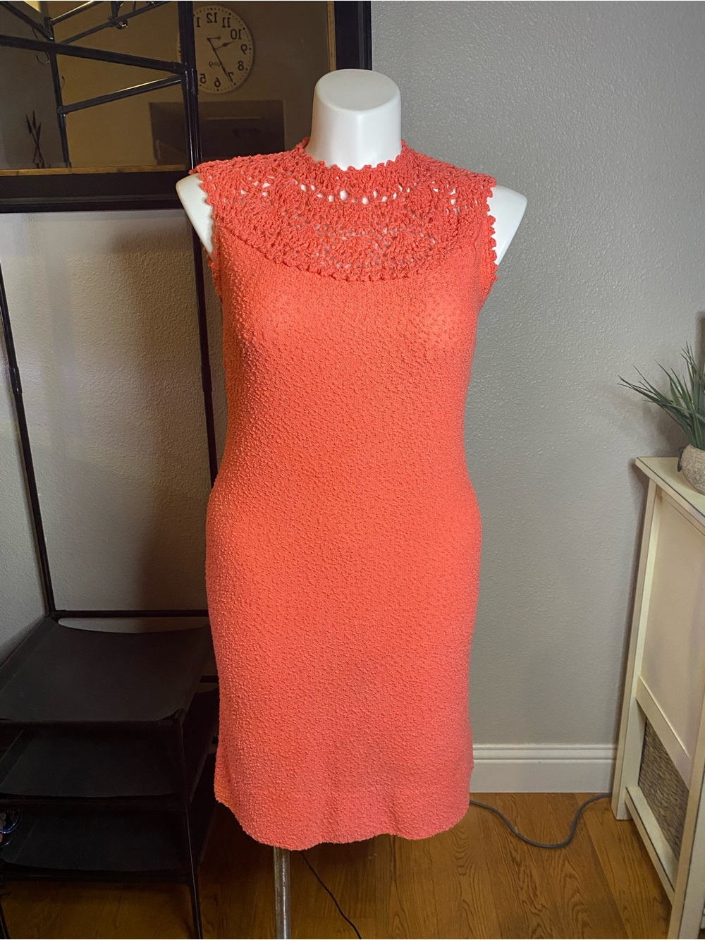 Crocheted Yoke Sleeveless Midi Dress in Coral